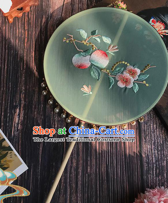 China Wedding Light Green Silk Fan Traditional Hanfu Embroidered Peach Flowers Circular Fan Handmade Palace Fan