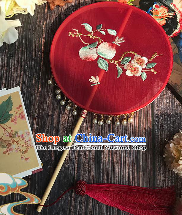 China Wedding Red Silk Fan Handmade Palace Fan Traditional Hanfu Embroidered Peach Flowers Circular Fan