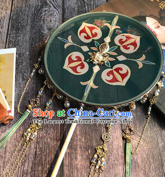 China Handmade Green Silk Palace Fan Wedding Circular Fan Traditional Tang Dynasty Princess Fan