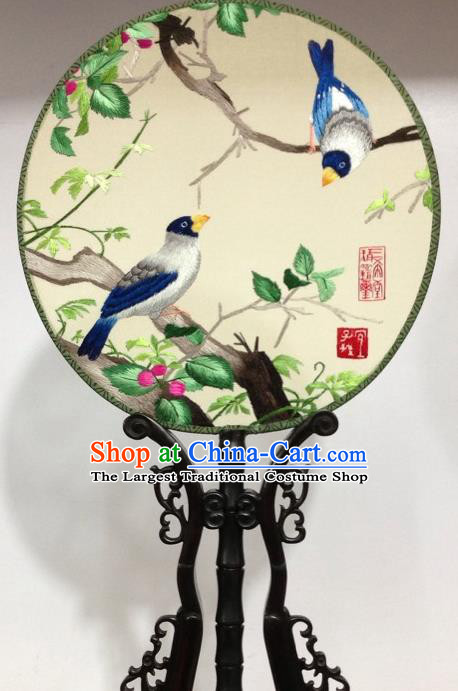China Handmade Ebony Circular Fan Silk Fan Embroidery Birds Palace Fan