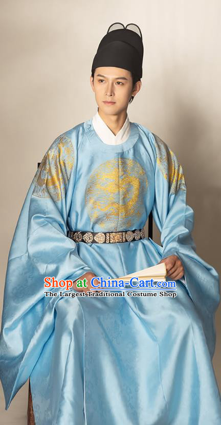 China Traditional Hanfu Apparels Ming Dynasty Monarch Historical Clothing Ancient Emperor Blue Imperial Robe