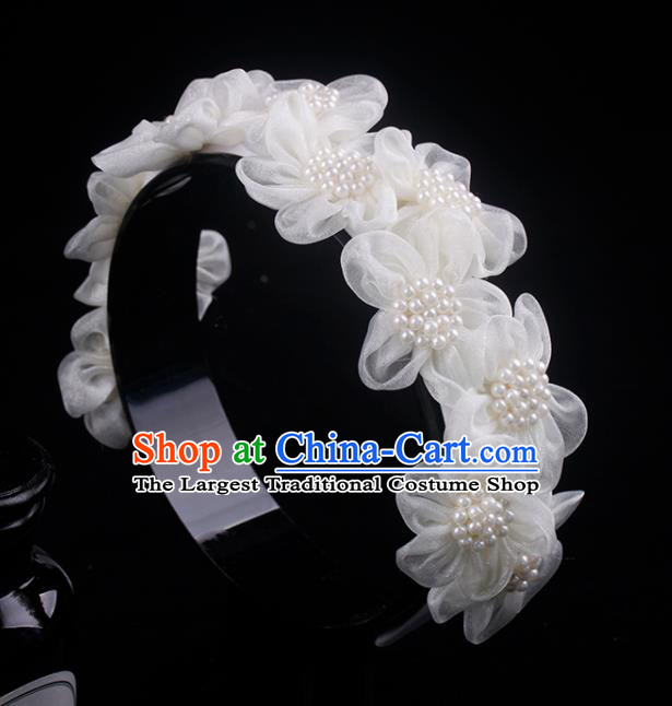 French Wedding Pearls Headband Bride White Silk Flowers Hair Clasp Elegant Hair Accessories