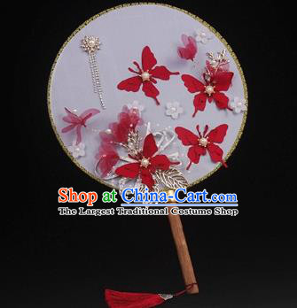 China Traditional Bride Circular Fan Wedding Silk Fan Handmade Red Butterfly Palace Fan