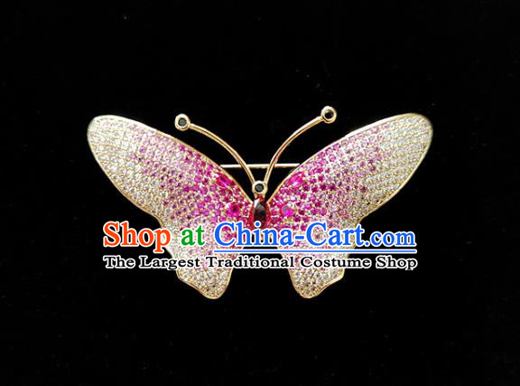 Handmade Rosy Crystal Butterfly Brooch Top Grade Zircon Jewelry Accessories