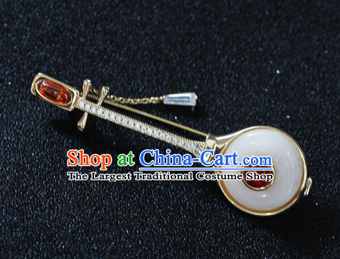 Handmade China Classical Cheongsam Crystal Lute Breastpin Jewelry White Jade Brooch Accessories