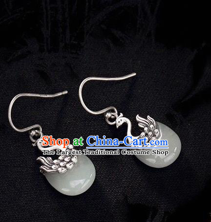 Top Chinese Cheongsam Accessories Silver Carving Phoenix Earrings Classical Jade Ear Jewelry