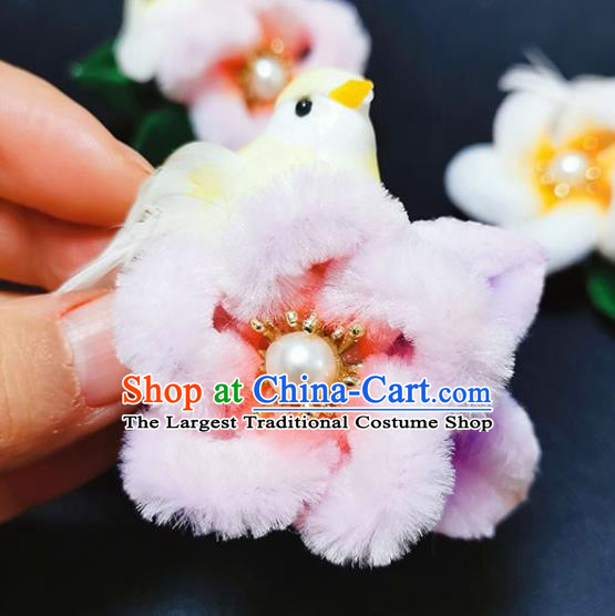 China Traditional Pink Velvet Plum Hair Stick Handmade Ancient Princess Headpiece