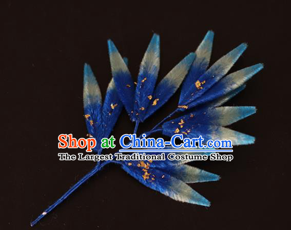 China Handmade Hanfu Bamboo Leaf Hair Stick Traditional Ancient Qing Dynasty Court Woman Blue Velvet Hairpin