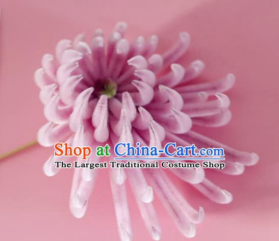 China Handmade Hanfu Chrysanthemum Hair Stick Traditional Ancient Qing Dynasty Palace Lady Pink Velvet Hairpin