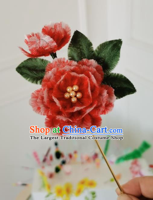 China Handmade Red Velvet Peony Hair Stick Traditional Ancient Qing Dynasty Princess Flowers Hairpin