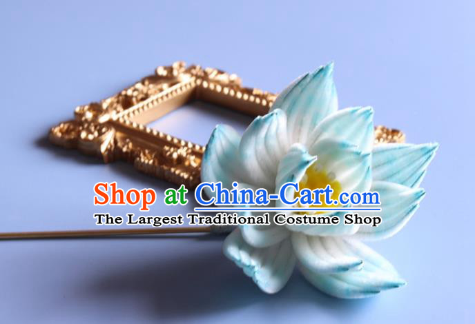 Handmade China Ancient Hanfu Hairpin Traditional Blue Velvet Lotus Hair Accessories