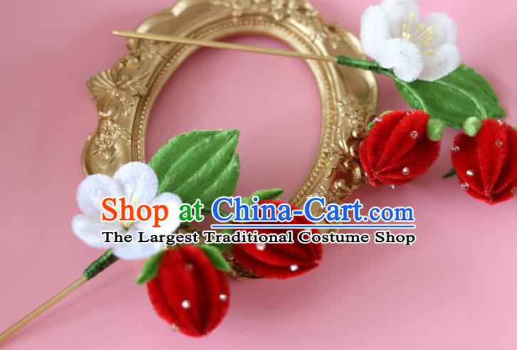 Handmade China Ancient Hanfu Red Velvet Strawberry Hairpin Traditional Hair Accessories