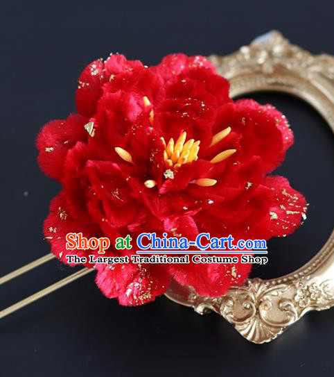 Handmade China Traditional Wedding Hanfu Hair Accessories Ancient Red Velvet Peony Hairpin