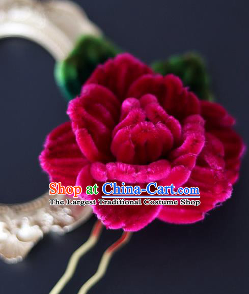 Handmade China Traditional Hanfu Hair Accessories Hair Stick Ancient Court Rosy Velvet Rose Hairpin