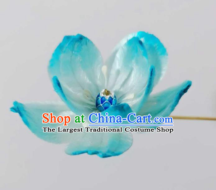 China Traditional Ancient Court Cloisonne Lotus Hairpin Classical Hanfu Blue Velvet Hair Stick