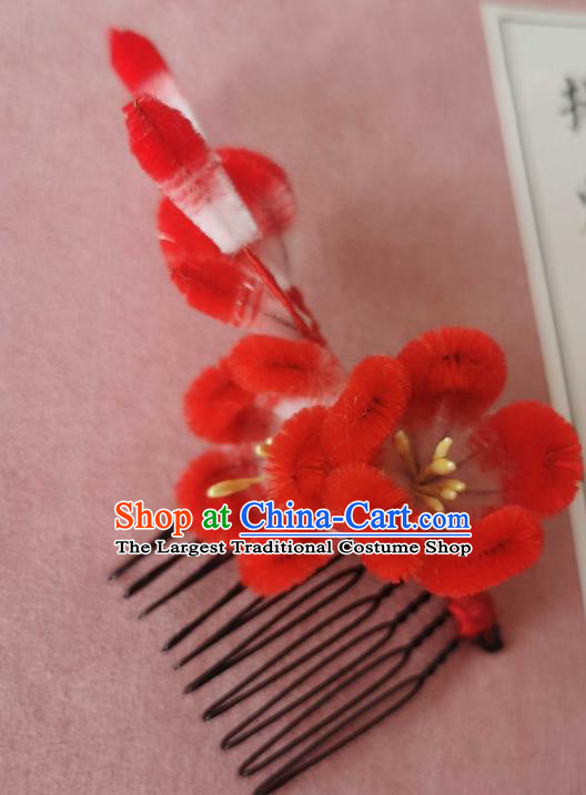 China Classical Hanfu Red Velvet Hair Comb Traditional Ancient Court Plum Blossom Hair Stick