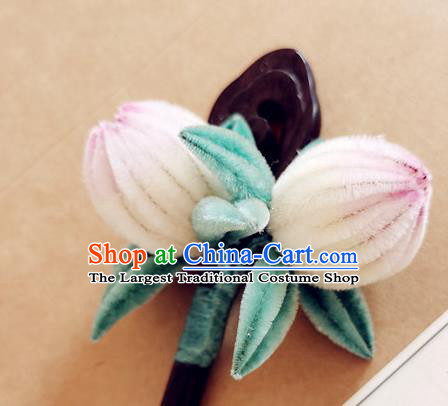 China Classical Hanfu Velvet Peach Hair Stick Traditional Ancient Court Lady Ebony Hairpin