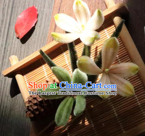 China Traditional Ancient Court Lady Hair Stick Classical Hanfu Green Velvet Orchids Hairpin