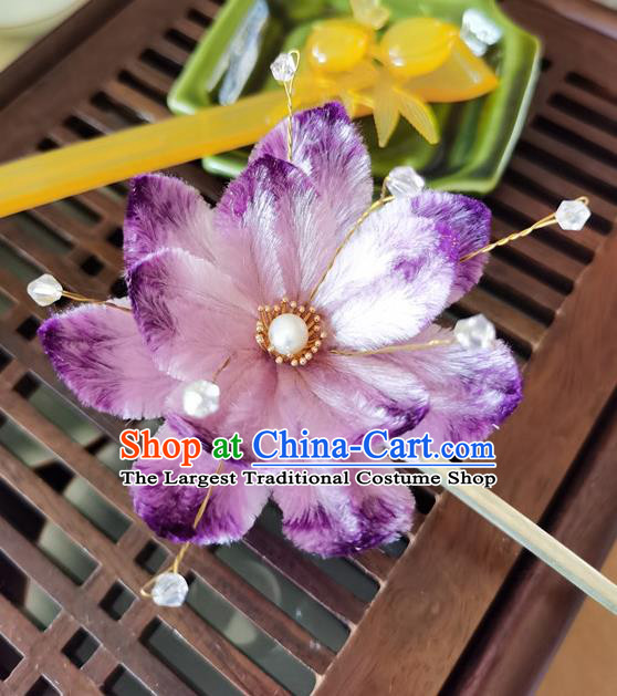 China Handmade Purple Hair Stick Traditional Hanfu Hair Accessories Classical Cheongsam Velvet Lotus Hairpin