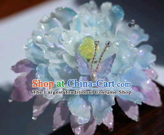 China Classical Hanfu Blue Peony Hairpin Traditional Ancient Princess Hair Stick