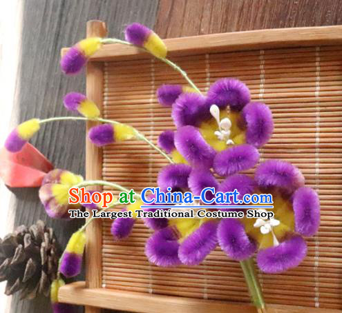 China Classical Hanfu Purple Plum Blossom Hairpin Traditional Ancient Palace Lady Velvet Flowers Hair Stick