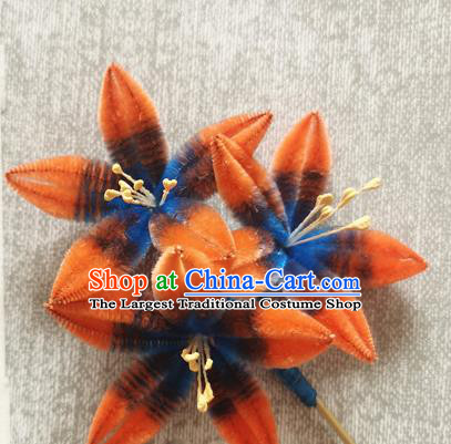 China Handmade Orange Flowers Hair Stick Traditional Hanfu Hair Accessories Classical Velvet Hairpin