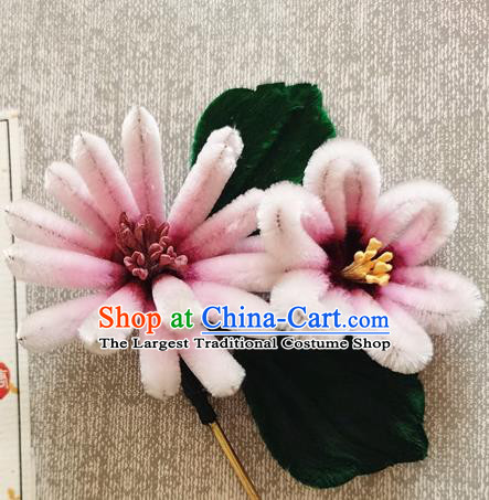 China Classical Hair Stick Handmade Hair Accessories Traditional Pink Velvet Flowers Hairpin