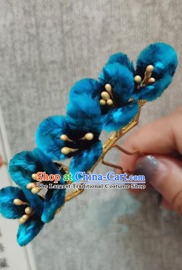 China Traditional Cheongsam Blue Velvet Flowers Hairpin Handmade Hair Accessories Classical Hair Stick