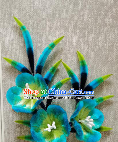 China Classical Blue Peach Blossom Hair Stick Traditional Cheongsam Velvet Hairpin Handmade Hair Accessories