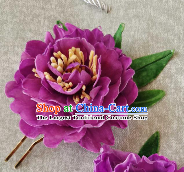 China Classical Purple Peony Hair Stick Traditional Ancient Tang Dynasty Court Woman Hairpin