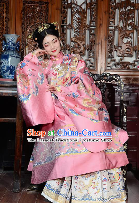 China Ancient Court Queen Wedding Pink Costumes Traditional Ming Dynasty Imperial Empress Historical Clothing Full Set