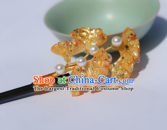 China Classical Hanfu Ginkgo Leaf Hairpin Traditional Ancient Ming Dynasty Princess Wood Hair Stick