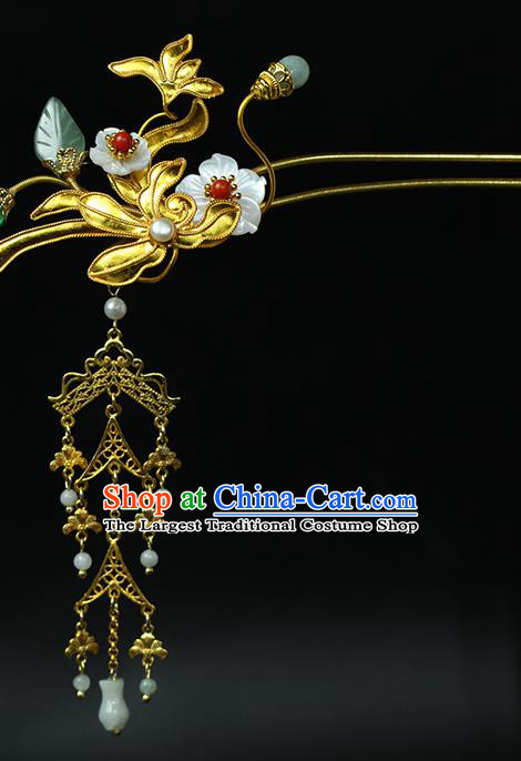 China Classical Hanfu Jade Tassel Hairpin Traditional Ming Dynasty Princess Golden Orchid Hair Stick