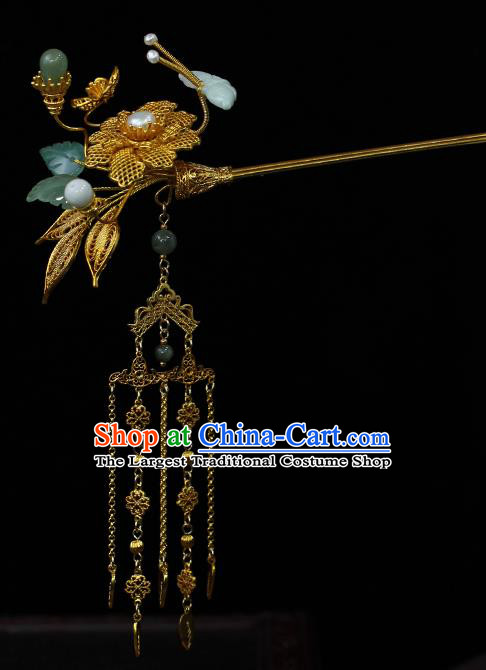 China Classical Filigree Flower Hairpin Traditional Qing Dynasty Empress Golden Tassel Hair Stick