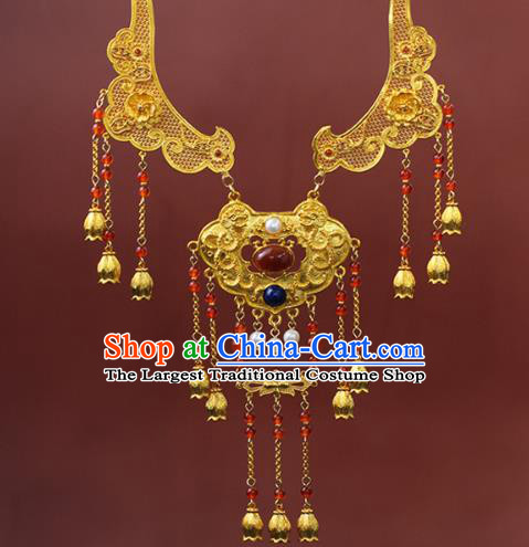 Chinese Traditional Wedding Golden Necklace Ancient Princess Agate Necklet Accessories