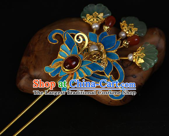 China Traditional Qing Dynasty Agate Butterfly Hair Stick Ancient Empress Pearls Hairpin