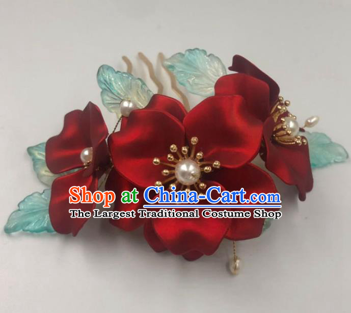 China Ancient Princess Hair Comb Traditional Hanfu Hair Accessories Ming Dynasty Red Flowers Hairpin