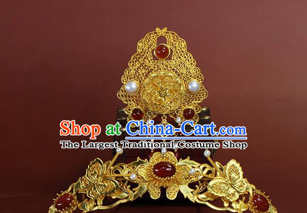 China Ancient Empress Golden Hair Crown Traditional Ming Dynasty Court Queen Wedding Hair Accessories