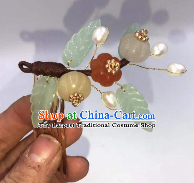 China Ming Dynasty Jade Pumpkin Hairpin Traditional Hanfu Hair Accessories Ancient Princess Hair Comb