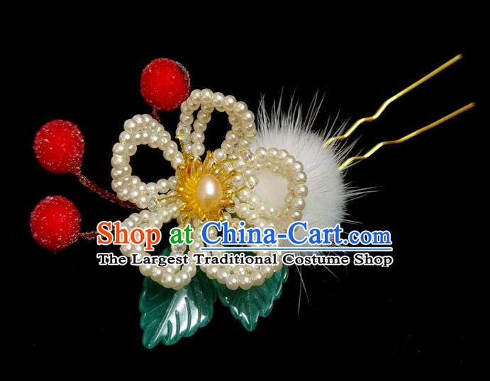 China Ming Dynasty Red Berry Hairpin Traditional Hanfu Hair Accessories Ancient Princess Pearls Plum Hair Stick