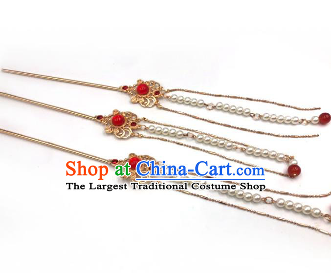 China Ancient Princess Pearls Tassel Hair Stick Traditional Hanfu Hair Accessories Ming Dynasty Golden Hairpin