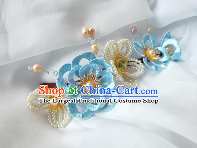 China Ming Dynasty Pearls Hairpin Traditional Hanfu Hair Accessories Ancient Princess Blue Silk Flowers Hair Stick