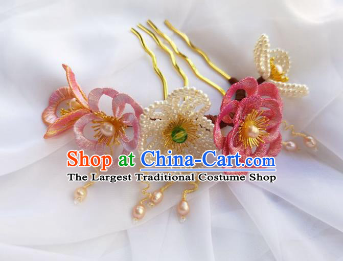 China Ming Dynasty Beads Plum Hairpin Traditional Hanfu Hair Accessories Ancient Princess Silk Flowers Hair Comb