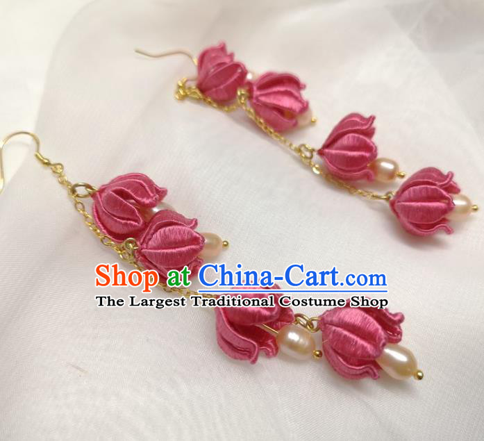 Handmade China Ancient Hanfu Rosy Silk Flowers Ear Accessories Ming Dynasty Princess Pearls Earrings