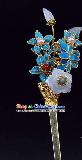 China Traditional Qing Dynasty Palace Jade Plum Hair Stick Ancient Queen Pearls Orchids Hairpin