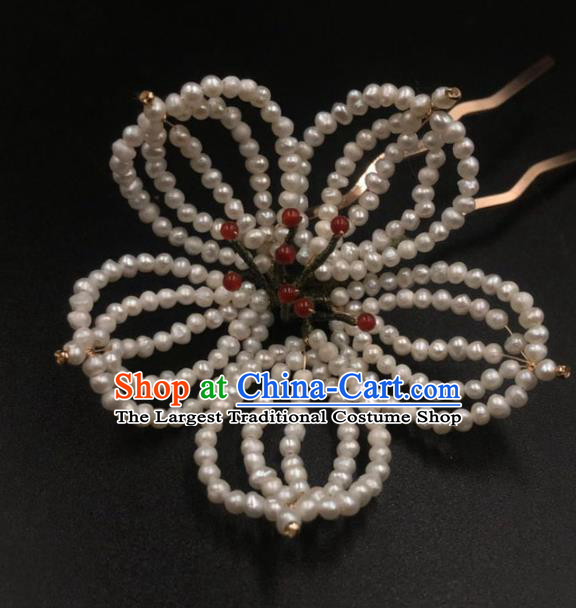 China Ancient Princess Pearls Lotus Hairpin Traditional Ming Dynasty Palace Hanfu Hair Stick