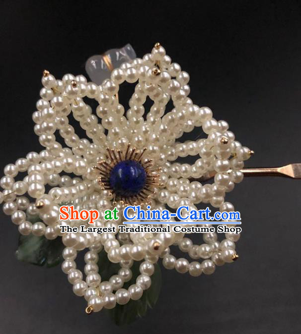 China Ancient Princess Pearls Peony Hairpin Traditional Ming Dynasty Lapis Hair Stick