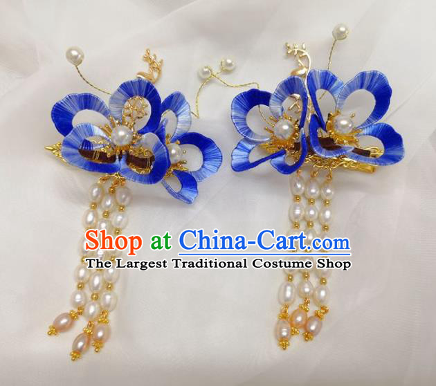 China Ming Dynasty Blue Silk Flower Hairpin Traditional Hanfu Hair Accessories Ancient Princess Pearls Tassel Hair Sticks