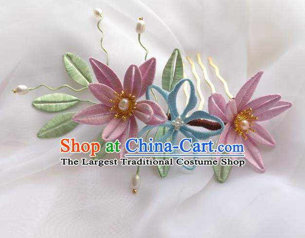 China Ming Dynasty Pink Silk Flowers Hairpin Traditional Hanfu Hair Accessories Ancient Princess Pearls Hair Comb