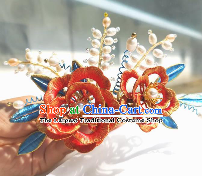 China Ming Dynasty Red Silk Peony Hairpin Traditional Hanfu Hair Accessories Ancient Princess Hair Crown